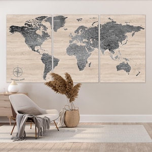 Mapa del mundo personalizado neutral, arte de pared, lienzo, decoración del hogar, mapa con leyenda impresa, mapa con chinchetas, regalo, mapa abstracto del mundo, arte de pared grande