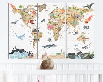 Dinosaur Canvas Art Cute World Map Kid Room Wall Decor Gifts for Kids World Map for Kids Nursery Playroom Wall Art Dinosaurs Wall Art Canvas
