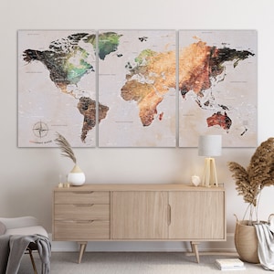 Mapa del mundo abstracto, arte de pared, lienzo, decoración de sala de estar, mapa del mundo, arte de pared grande, mapa con leyenda impresa, mapa de viaje con chinchetas, regalo personalizado