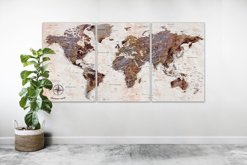 Rustic World Map Canvas Print – Vintage-style Triptych Wall Art for ...