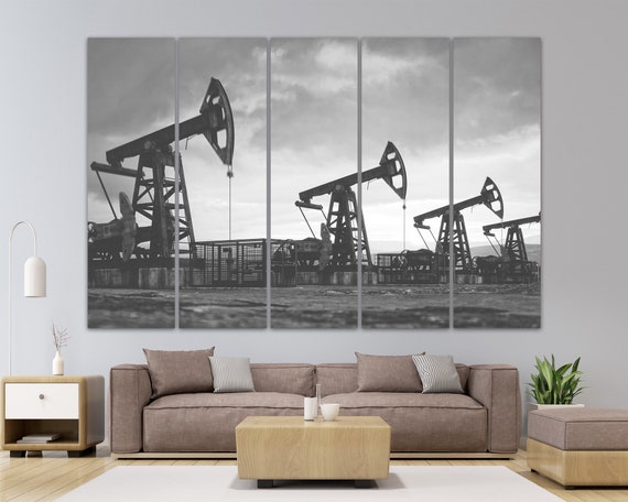 Oil Rig in the Oilfield Large Wall Art Canvas Print Oil and Gas Mining Wall Art Black and White Pump Jack Wall Art Oil Pump Rig Wall Decor