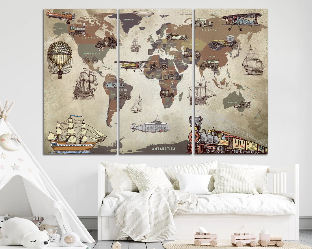 World Map for Kids Wall Art Canvas Print Retro Vintage Wall Decor Wall ...