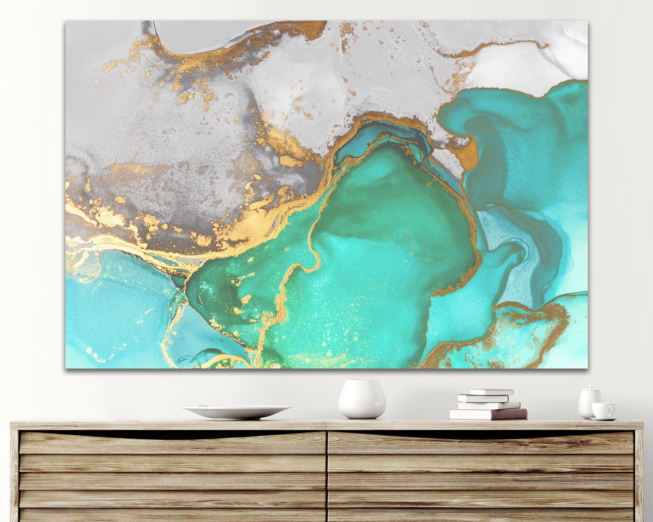 Turquoise Teal & Grey Gold Extra Large Wall Canvas Art Marble Wall Art Print Home Wall Decor
