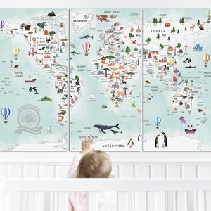 Kinder Karte der Welt mit Tieren und Monumenten, personalisiertes Geschenk für Kinder 4 Jahre alt, Geburtstagsgeschenk, Kinderzimmer Dekoration, große Leinwanddruck Weltkarte