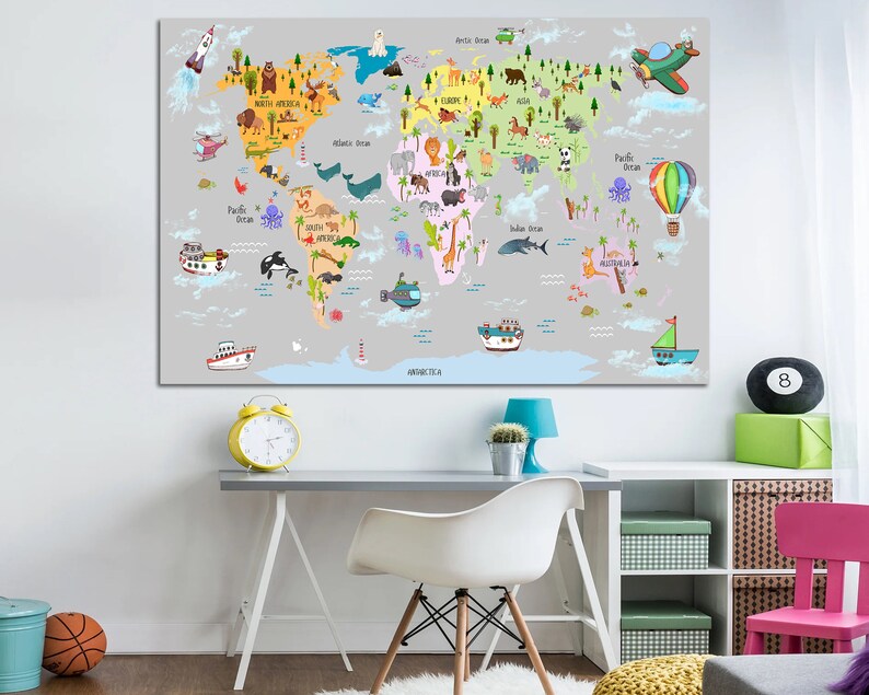 Kids World Map, Kids Wall Decor, Kids Room Wall Art, Baby Room Decor