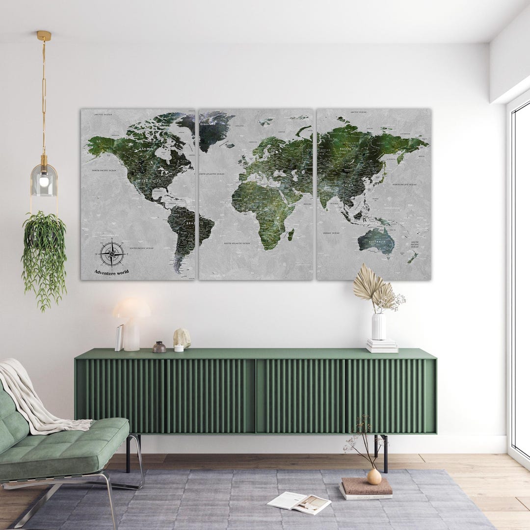 Large World Map Wall Canvas Art - Rustic Travel-inspired Wall Decor ...