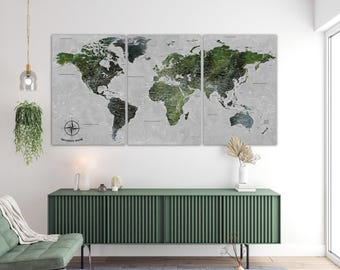 Large World Map Wall Canvas Art - Rustic Travel-Inspired Wall Decor - Gift for Traveler & Home Office Decor Abstract Green Map of World