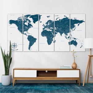 Navy Blue World Map Personalized Wall Art Canvas Map Wall Decor Canvas Art Print Map Travel Gift Home Decor Office Living Room Wall Art Blue