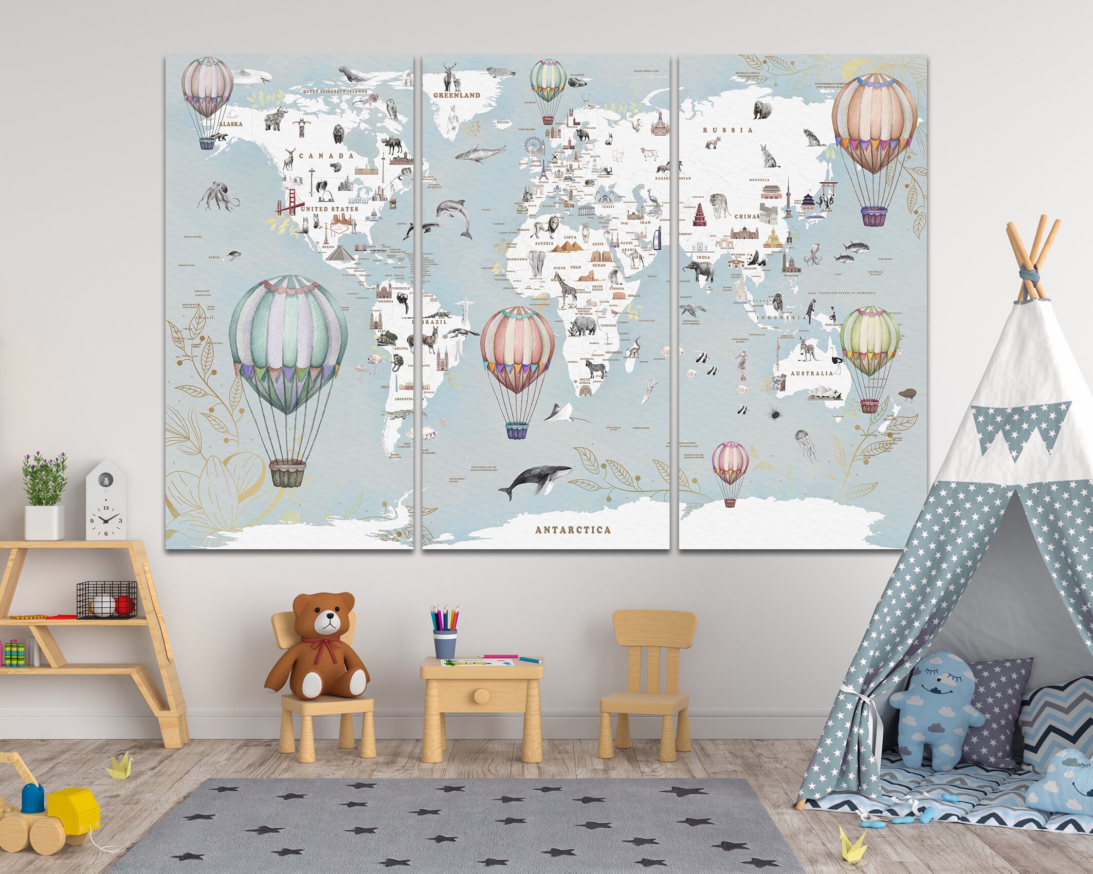 Vintage World Map Canvas Wall Art Kids Nursery Decor Animal Map Print ...
