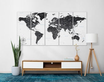 Black World Map Wall Canvas Art Map Wall Decor Modern Canvas Art Print Large Travel Gift Decor Home Office Living Room Wall Art Black Map