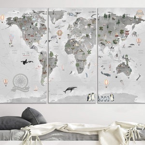 Art mural gris carte du monde avec animaux et monuments - Décoration d'aventure pour les enfants, Art éducatif pour les amateurs de voyages - Cadeau pour les enfants personnalisé