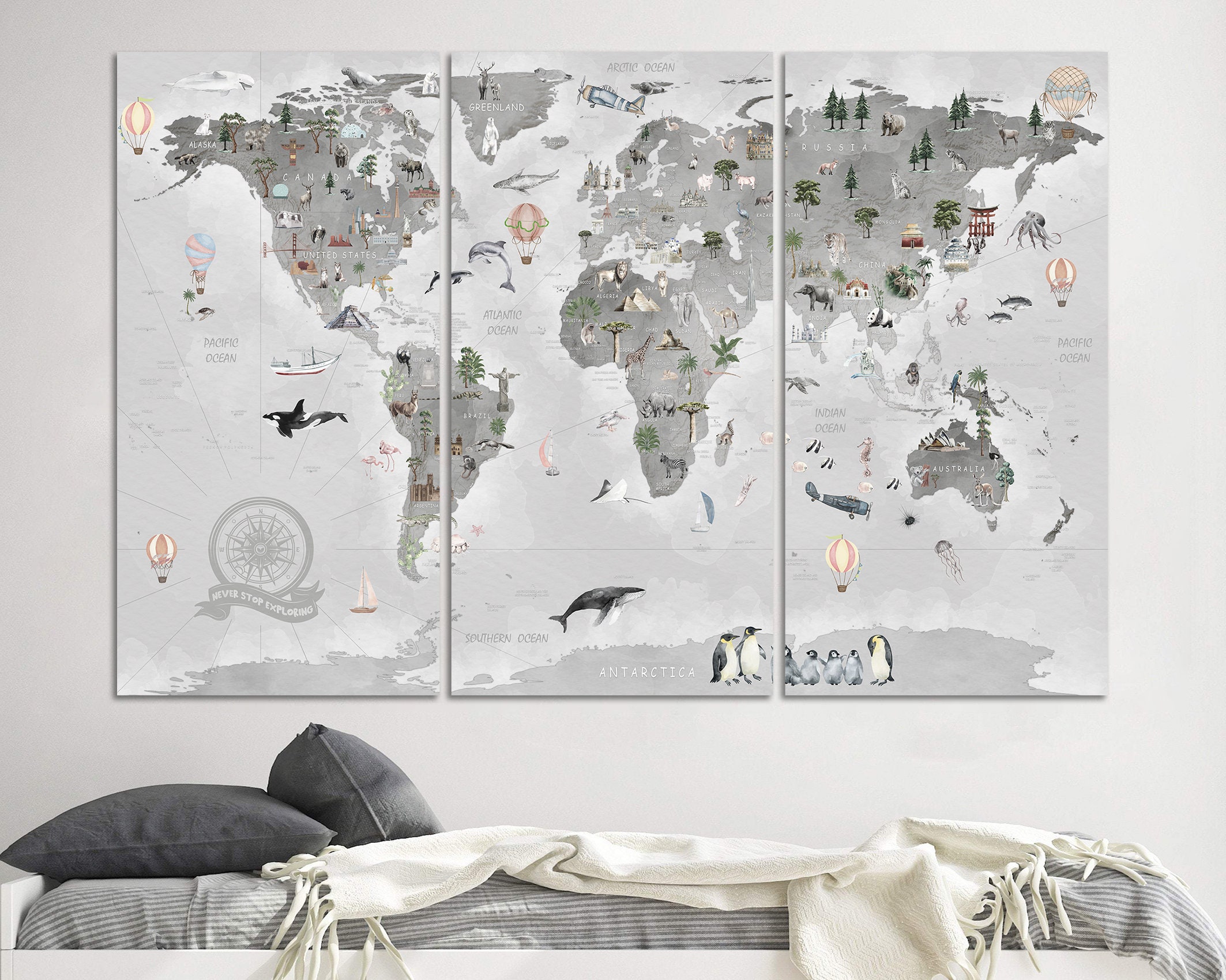 Educational Animal World Map Canvas Print World Map For Kids Room Decor Personalized Ready to Hang Kids World Map Kids Room Wall Decor Art