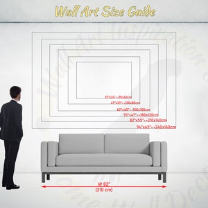 K&ouml;nnte beinhalten: Ein Gr&ouml;&szlig;enleitfaden f&uuml;r Wandkunst, der verschiedene Gr&ouml;&szlig;en von Kunstwerken in einem Raum mit einer Person und einem Sofa zeigt. Der Leitfaden enth&auml;lt Ma&szlig;e in Zoll und Zentimetern.