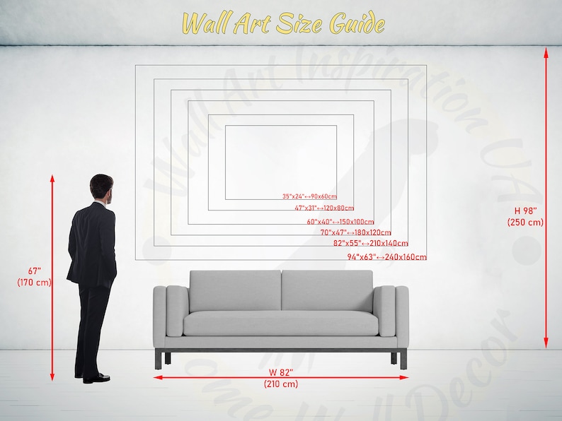 K&ouml;nnte beinhalten: Ein Gr&ouml;&szlig;enleitfaden f&uuml;r Wandkunst, der verschiedene Gr&ouml;&szlig;en von Kunstwerken in einem Raum mit einer Person und einem Sofa zeigt. Der Leitfaden enth&auml;lt Ma&szlig;e in Zoll und Zentimetern.