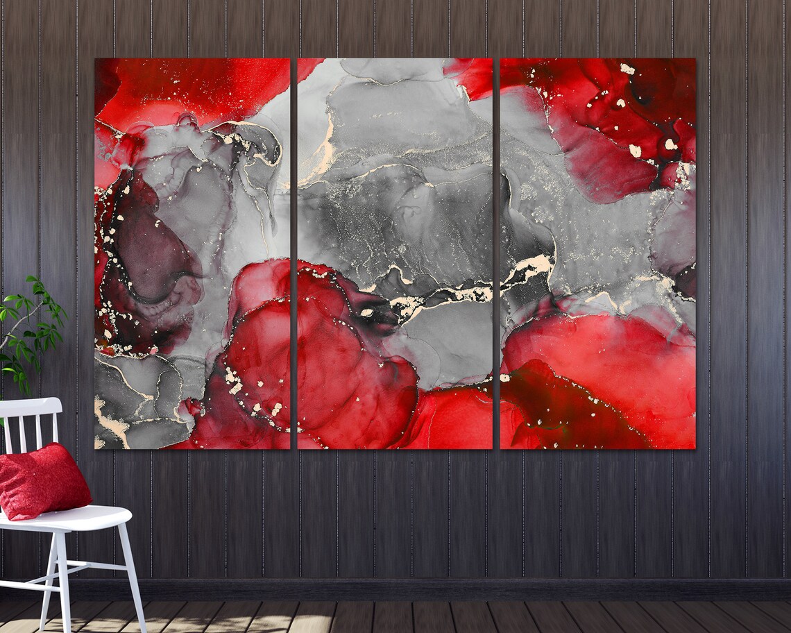 Red Grey Wall Decor Abstract Art Canvas Print Home Living Room Etsy