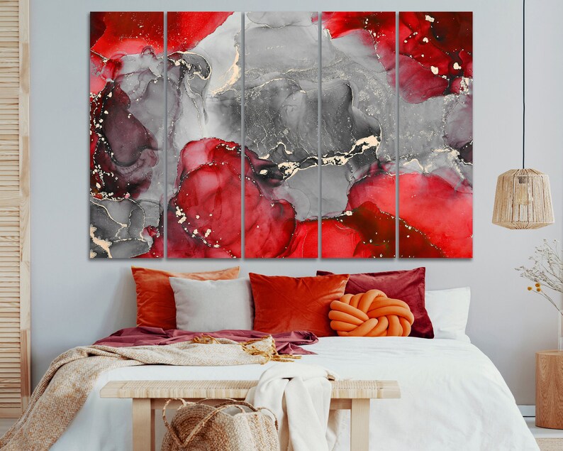 Red Grey Wall Decor Abstract Art Canvas Print Home Living Room Etsy
