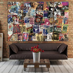 K&ouml;nnte beinhalten: Eine Collage aus Vintage-Konzertplakaten mit legend&auml;ren Rockbands wie The Police, The Clash und Johnny Cash. Die Poster sind in einem Raster angeordnet und zeigen eine Vielzahl von Farben und Schriftarten.