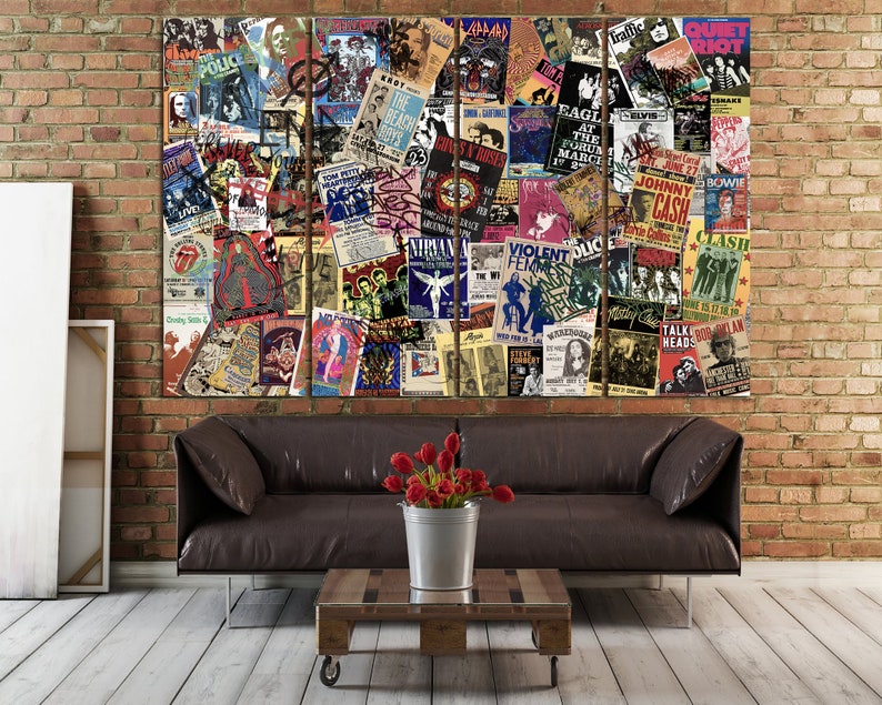 K&ouml;nnte beinhalten: Eine Collage aus Vintage-Konzertplakaten mit legend&auml;ren Rockbands wie The Police, The Clash und Johnny Cash. Die Poster sind in einem Raster angeordnet und zeigen eine Vielzahl von Farben und Schriftarten.