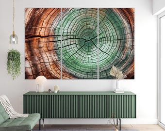 Wood Rings Canvas Art – Modern Rustic Decor for Eco Home Style Wall Art - Abstract Tree Rings Print Nature-Inspired Green Wall Canvas Decor