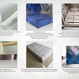 K&ouml;nnte beinhalten: Nahaufnahme eines Leinwanddrucks mit einem abstrakten Design in Blau und Wei&szlig;. Der Druck ist in einem hellen Holzrahmen gerahmt. Die Leinwand ist auf einen Keilrahmen gespannt und bereit zum Aufh&auml;ngen. Der Text im Bild lautet: "Dieses zarte Kunstwerk w&auml;re eine einfache und wundervolle M&ouml;glichkeit, einen gem&uuml;tlichen und inspirierenden Raum zu schaffen."