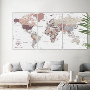 Large Neutral World Map Canvas – Adventure Push Pin Travel Wall Art for Living Room or Office Wall Decor Modern World Map Triptych Art Gift