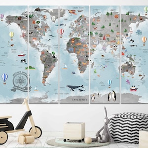 Carte du monde pour enfants, grande impression sur toile, carte du monde avec animaux et monuments, cadeau pour enfants, cadeau d'anniversaire de 5 ans, salle de jeux, décoration de chambre d'enfants