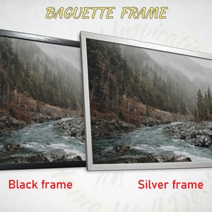 May include: A framed photograph of a river flowing through a misty forest. The frame is available in black or silver.