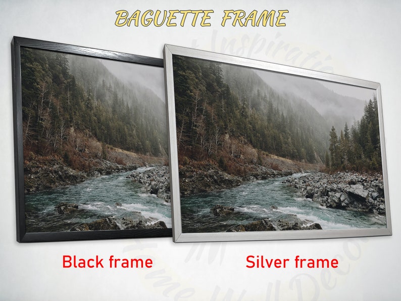May include: A framed photograph of a river flowing through a misty forest. The frame is available in black or silver.