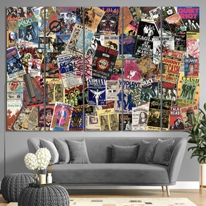 K&ouml;nnte beinhalten: Eine Collage aus Vintage-Konzertplakaten mit legend&auml;ren Rockbands wie The Clash, Guns N' Roses und Johnny Cash. Die Poster sind in verschiedenen Farben und Schriftarten gehalten und erzeugen eine lebendige und nostalgische &Auml;sthetik.