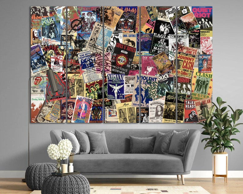 K&ouml;nnte beinhalten: Eine Collage aus Vintage-Konzertplakaten mit legend&auml;ren Rockbands wie The Clash, Guns N' Roses und Johnny Cash. Die Poster sind in verschiedenen Farben und Schriftarten gehalten und erzeugen eine lebendige und nostalgische &Auml;sthetik.