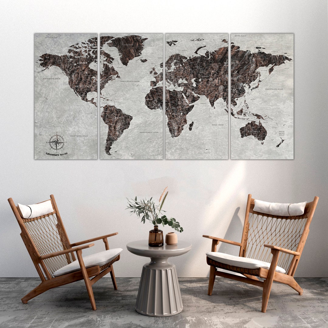 Abstract Brown World Map Wall Art Canvas Living Room Decor Map of World ...
