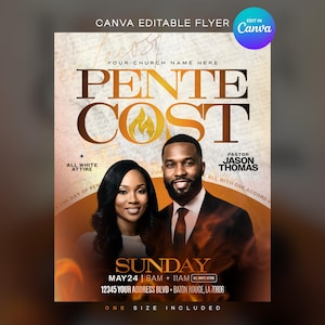 Op de afbeelding: Flyer met de tekst "PENTECOST" in grote, vette letters, met een vlammenafbeelding. Het bevat de tekst "YOUR CHURCH NAME HERE", "ALL WHITE ATTIRE" en de namen "PASTOR JASON THOMAS". De flyer heeft ook de datum "MAY24" en de tijd "8AM + 11AM".