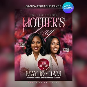 Op de afbeelding: Een Moederdag flyer met een bloemenachtergrond en twee vrouwen in het midden. De tekst luidt "Mother's Day" in een cursief lettertype. De flyer bevat de datum, tijd en adres van het evenement.