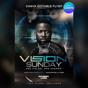 Peut inclure: Un modèle de flyer numérique pour Vision Sunday montrant un homme en costume sur un fond bleu abstrait avec des motifs lumineux circulaires. Le texte inclut CANVA EDITABLE FLYER, YOUR CHURCH NAME HERE, OCTOBER 09, 8AM + 11AM, VISION SUNDAY, ONE VISION. ONE CHURCH., 12345 YOUR ADDRESS BLVD | BATON ROUGE, LA 70806, et CHURCH LOGO.