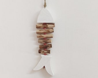 White fish skeleton, fish wall hanging, fish bone unique wind chimes beach decor, handmade nautical mobile gift for men