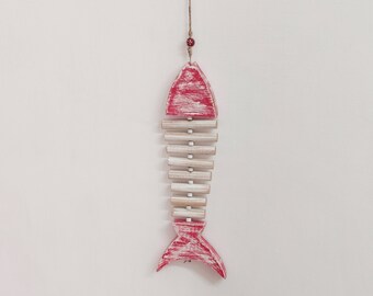 Red fish skeleton wood fish wall art, hanging fish bone lake house decor, handmade nautical mobile gift for men