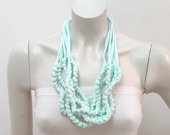 Light sea green knot fabric necklace, long textile chunky choker necklace for women, bright upcycled cotton cloth jewel unique gift for her