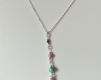 Amazonite, Pink Opal, Mystic Coated Haematite & Pink Tassle Sterling Silver Necklace