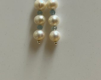 Sterling Silver Freshwater Cultured Pearl and Aquamarine Shepherd Hook Earrings