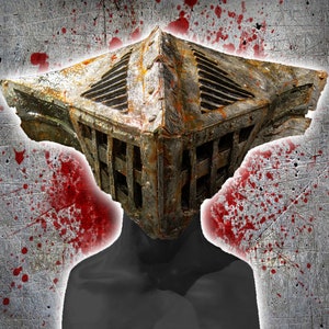 May include: A weathered, metallic helmet with a cage-like design and visible rust. The helmet has a square shape with a series of horizontal slits and vertical bars. The background features a gray, textured surface with red splatters.