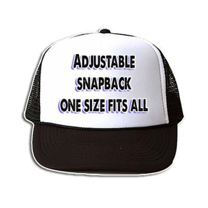 May include: White trucker hat with black mesh back. The hat has black text that reads "Adjustable Snapback One Size Fits All" with the words "Snapback" and "One Size Fits All" in purple.