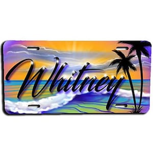 E004 Personalized Airbrush Beach Scene License Plate Tag