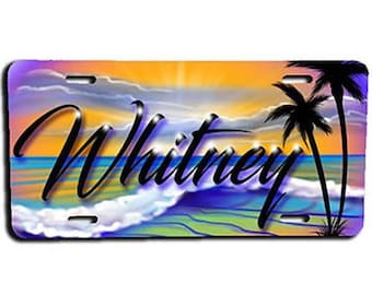 E004 Personalized Airbrush Beach Scene License Plate Tag