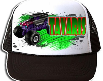 B255 Digitally Airbrush Painted Personalized Custom Monster Truck   Snapback Trucker Hats
