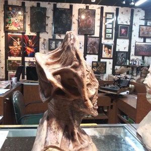 May include: A detailed, brown, sculpted bust of a creature with large ears and a textured, wrinkled face. The bust is displayed on a glass surface in a shop setting.
