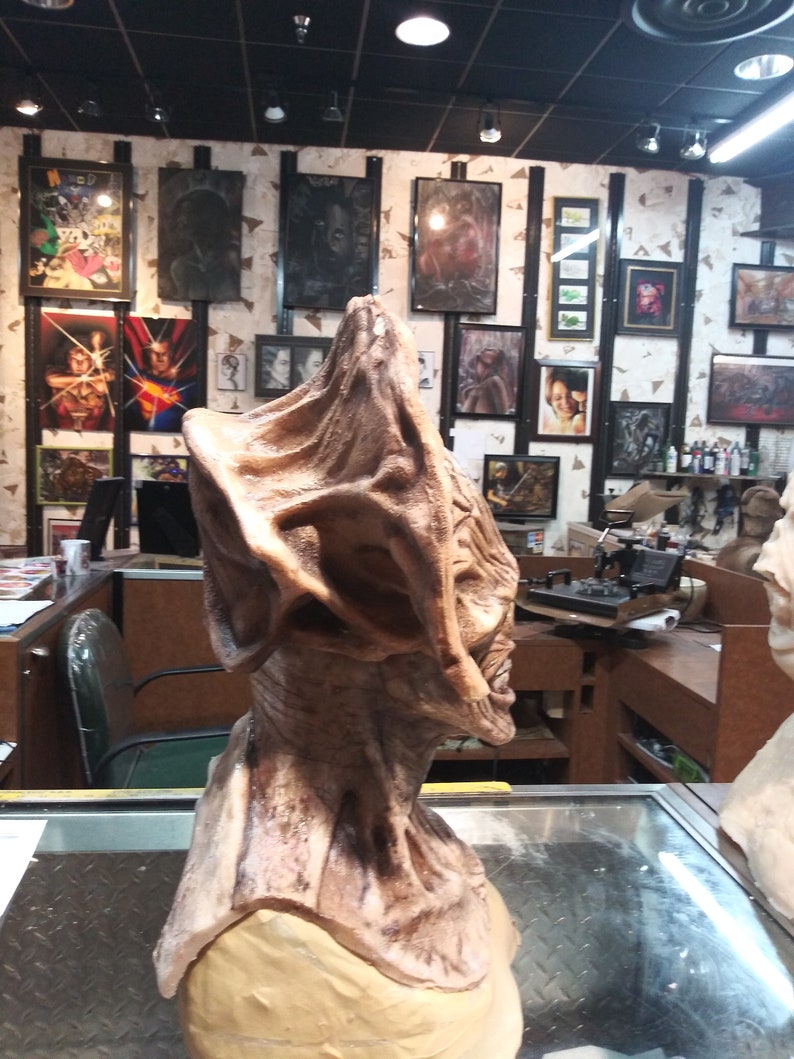 May include: A detailed, brown, sculpted bust of a creature with large ears and a textured, wrinkled face. The bust is displayed on a glass surface in a shop setting.