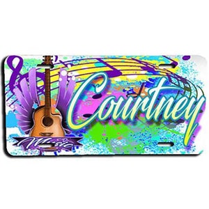 May include: A colorful personalized license plate featuring a guitar, musical notes, and the name "Courtney" with the word "Music" below. The background is a mix of blue, green, yellow, and purple.