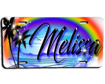 E012 Personalized Airbrush Rainbow Beach Landscape License Plate Tag