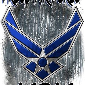May include: A blue and silver Air Force emblem with the words "PROUD AIR FORCE MOM" in black lettering on a gray and white splatter background.