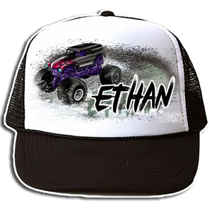 B224 Digitally Airbrush Painted Personalized Custom Monster Truck   Snapback Trucker Hats